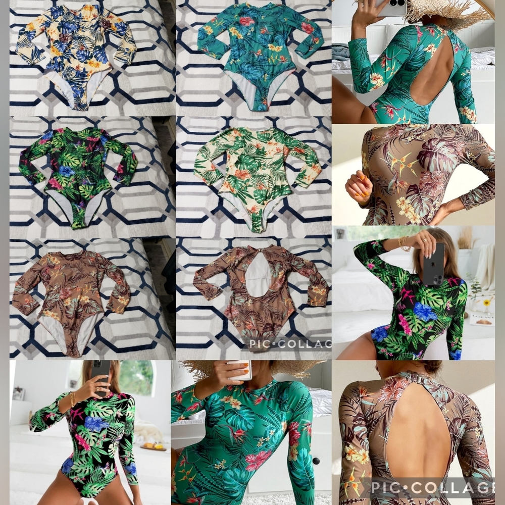 💕Set of 6 Shein Floral & Tropical Palm One Piece Swimsuit Long Sleeve Large L